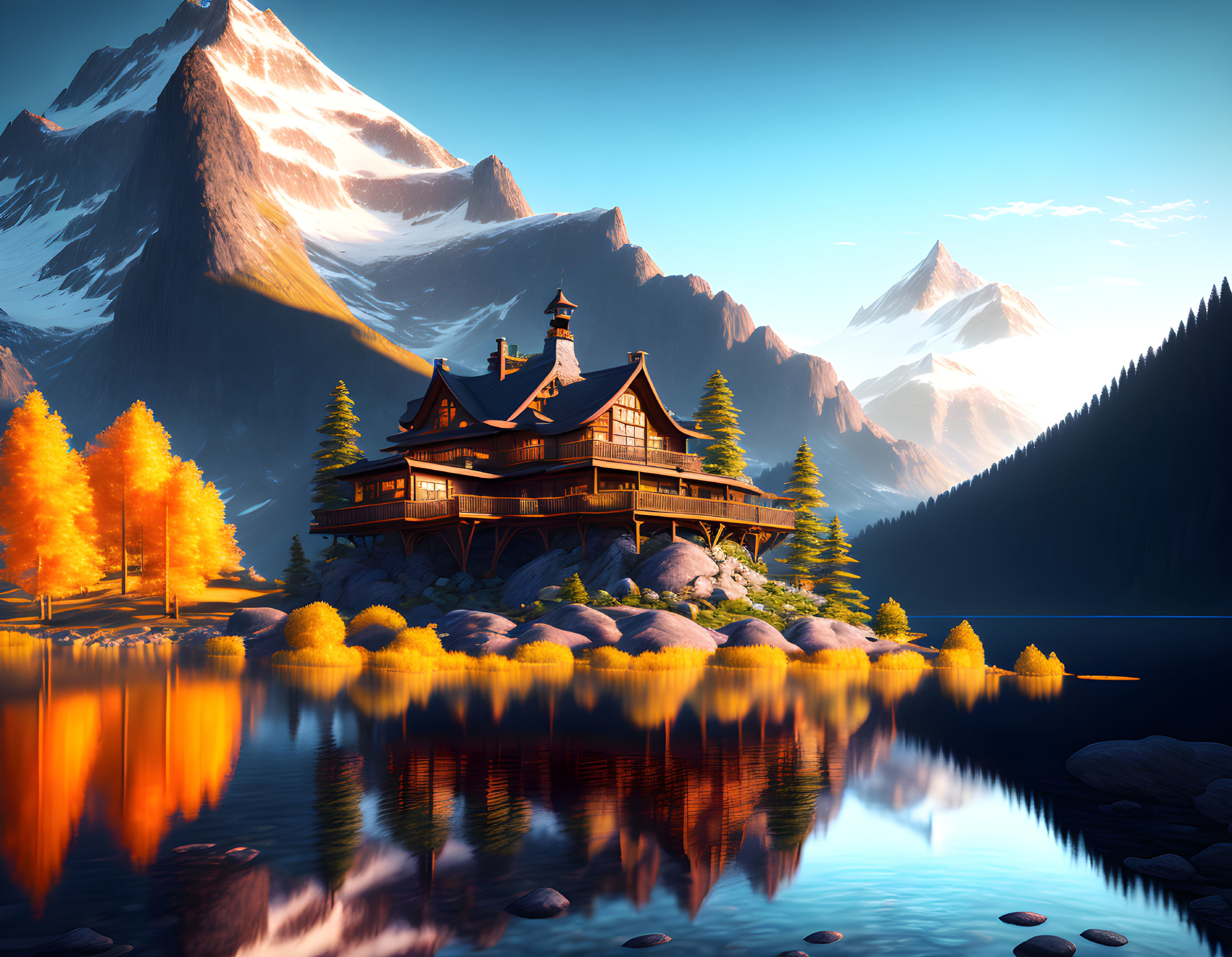 Scenic mountain lodge by calm lake at sunset