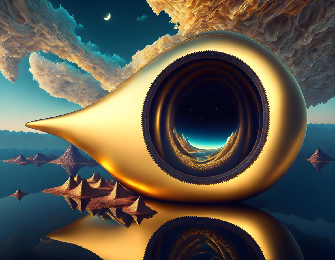 Surreal landscape with golden spiral structure, mountains, crescent moon, star-shaped boats.