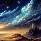 Fantastical dusk landscape with multiple moons and celestial body above forest and rock formation