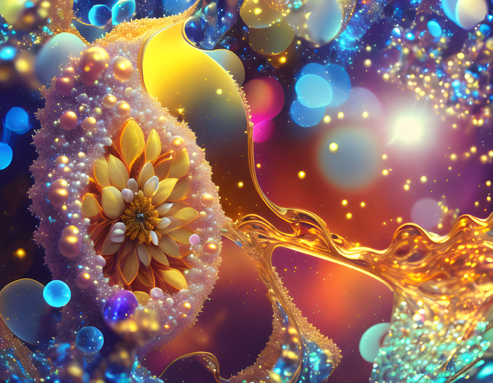 Abstract golden flower surrounded by colorful patterns and orbs