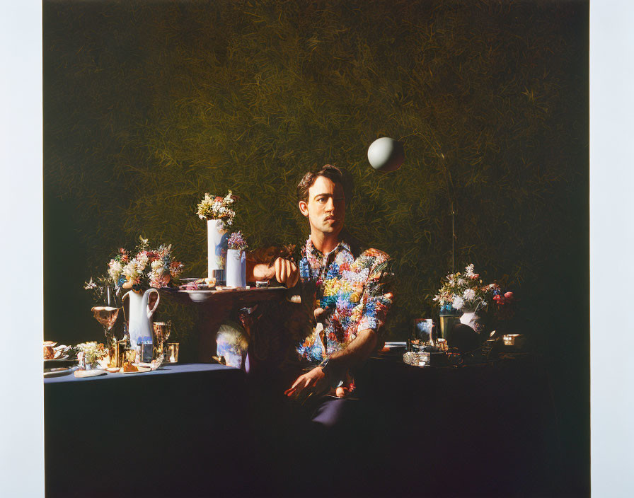 Man at decorated table with flowers, candle, wine glasses, and ball against dark background.