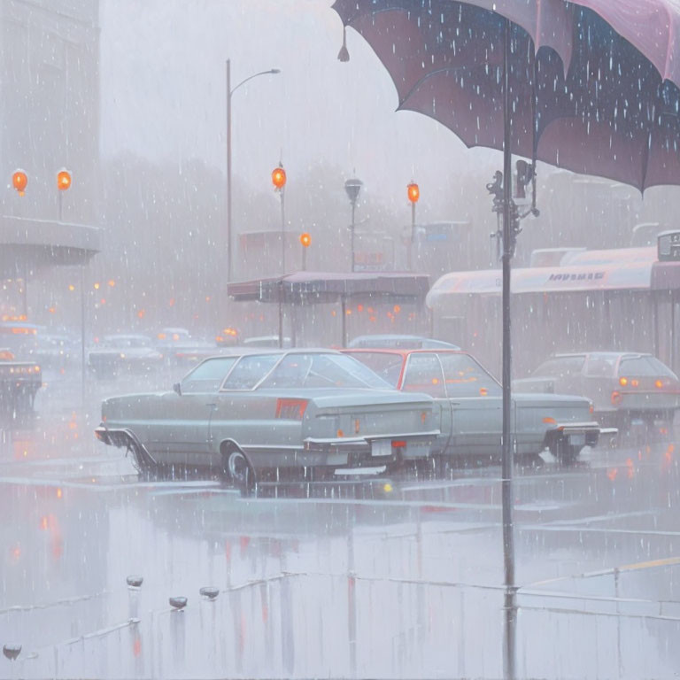 Vintage car parked on snowy street with dimly glowing street lamps and person holding umbrella