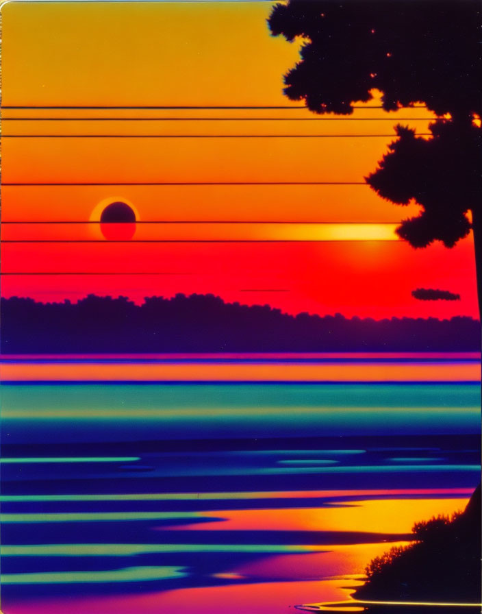 Vivid Orange and Purple Sunset Reflection on Water with Silhouettes