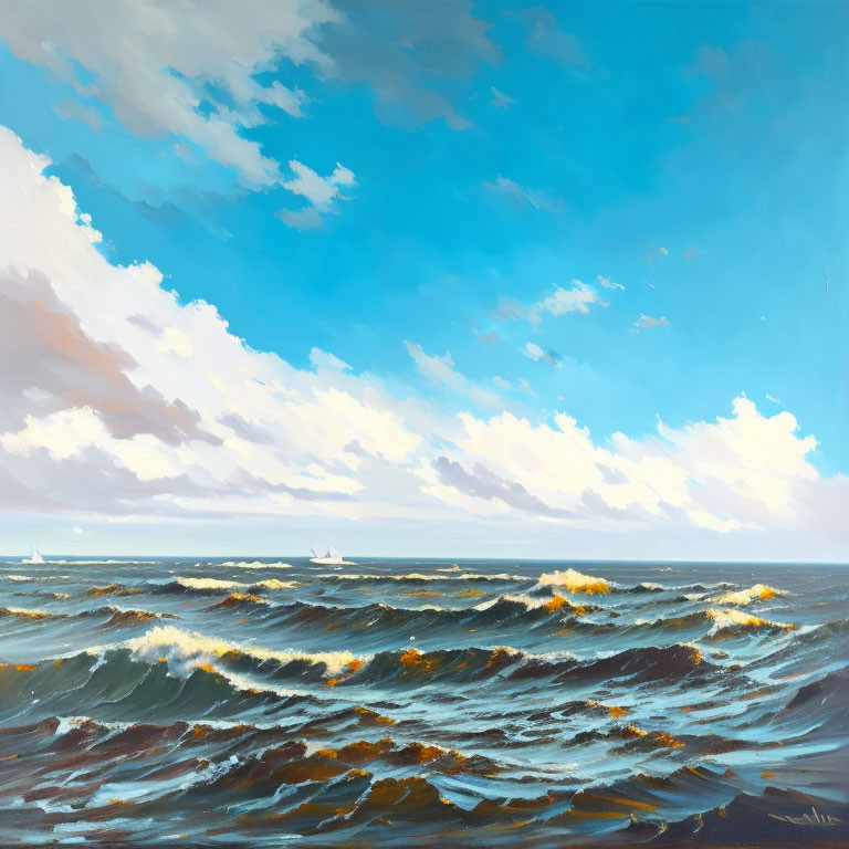 Dynamic Sea Painting with Rolling Waves and Sailboats