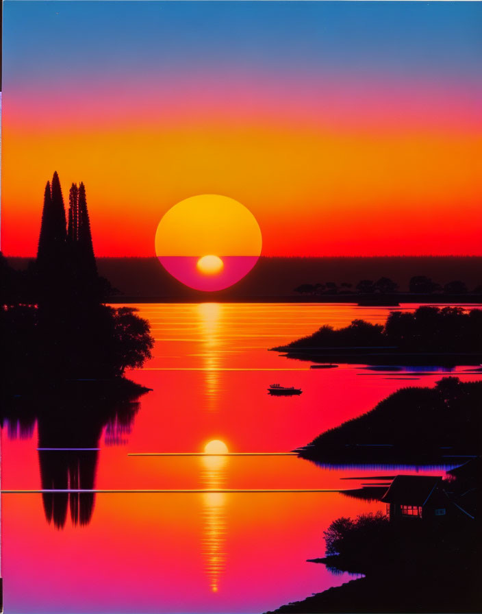 Scenic sunset over tranquil lake with silhouetted trees