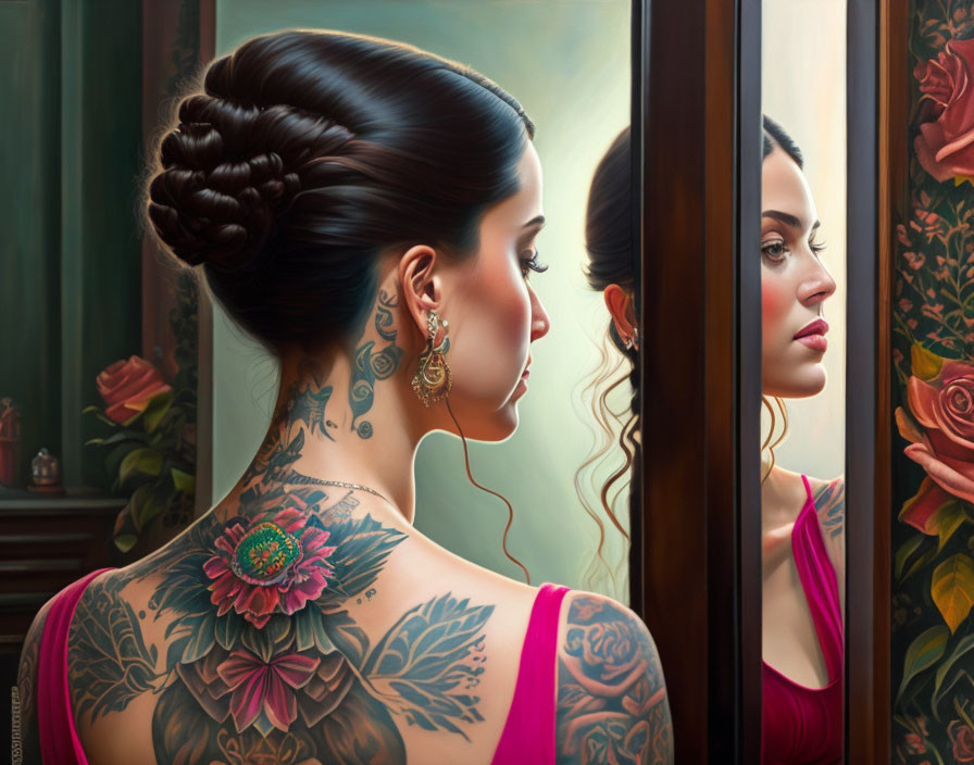 Elaborately braided updo and floral tattoos on woman in pink dress