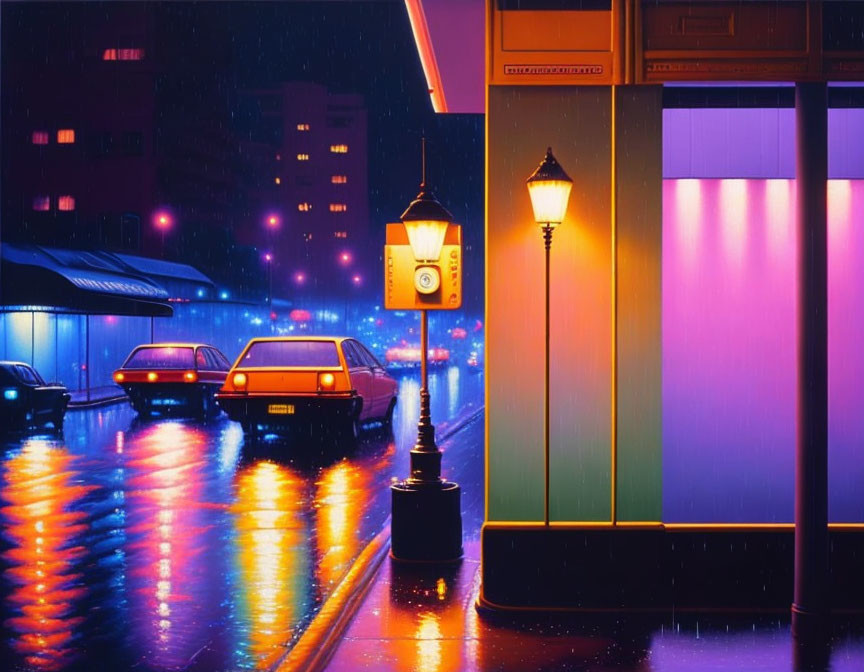 City street at night: neon lights, wet pavement, cars, street lamps, glowing lantern, purple