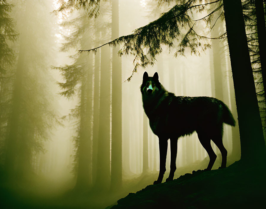 Silhouette of wolf in misty forest with sunbeams