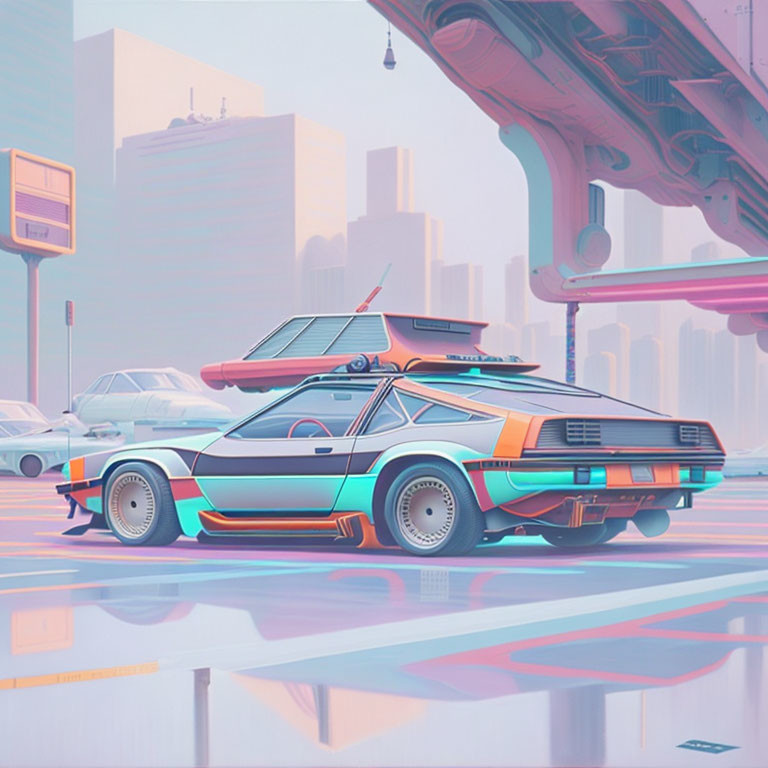 Vibrant retro-futuristic car in city with spaceship and sleek buildings