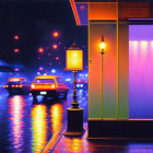 City street at night: neon lights, wet pavement, cars, street lamps, glowing lantern, purple