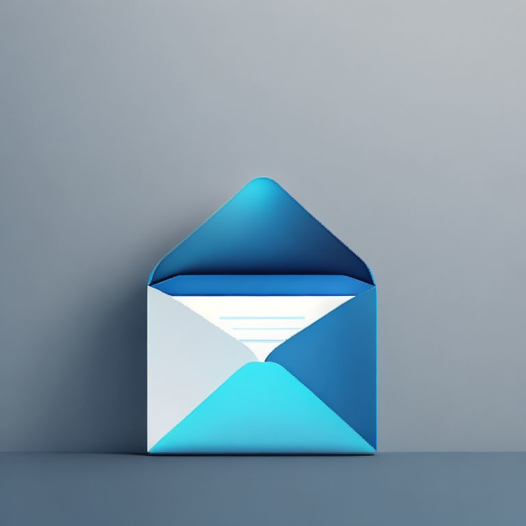 Stylized blue envelope on gray background with lighter blue interior