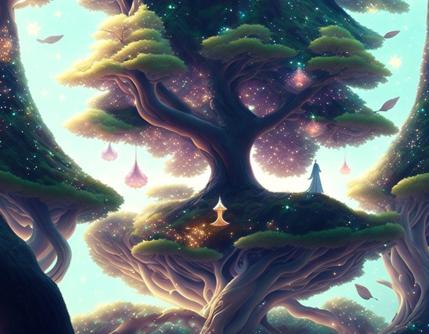 Enchanting forest scene with glowing star-filled trees and floating lanterns