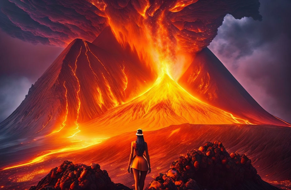 Person in awe before erupting volcano with fiery sky.