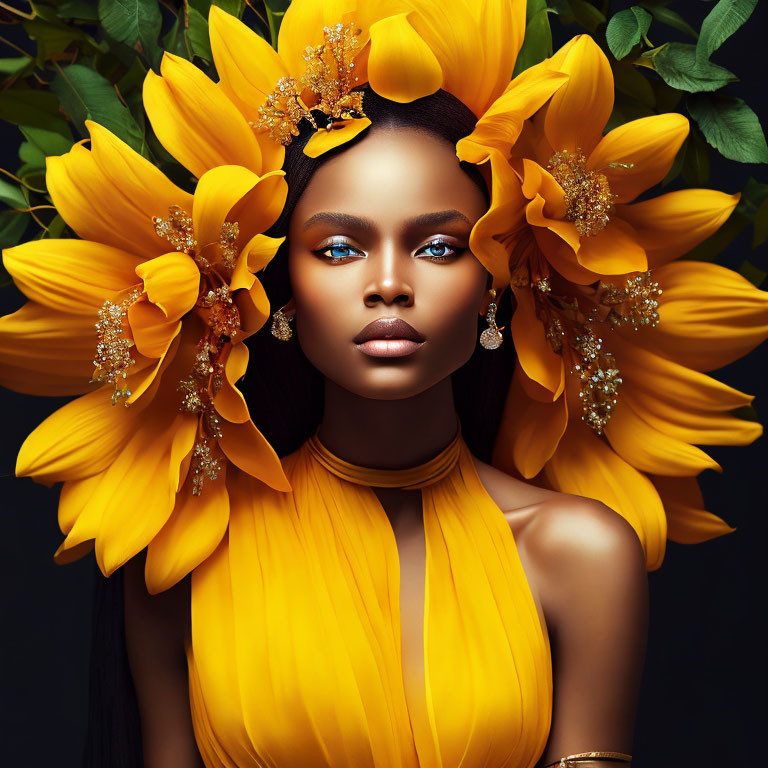 Woman in Vibrant Yellow Flower Dress with Gold Jewelry on Dark Background