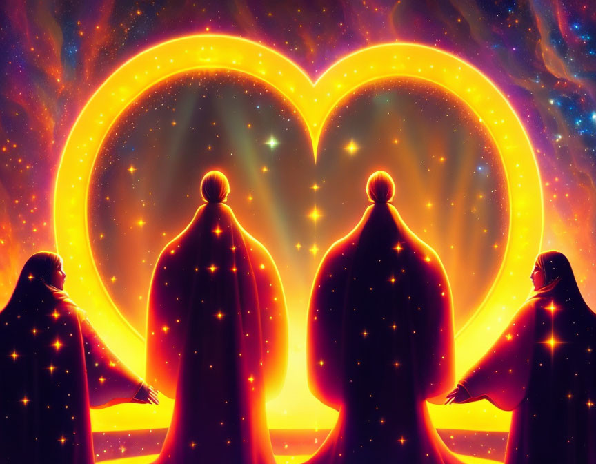 Silhouetted figures holding hands under cosmic heart-shaped nebula