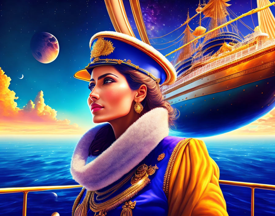 Colorful Stylized Image: Woman in Naval Uniform with Ethereal Ship & Planets