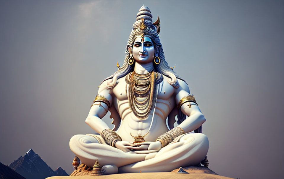 Blue-skinned Lord Shiva statue meditating against mountain backdrop