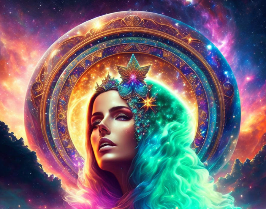 Colorful cosmic portrait of woman with turquoise hair and celestial motifs in circular frame