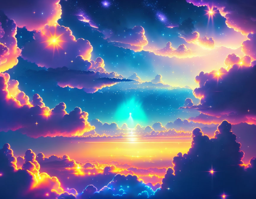 Colorful fantasy sky with pink and blue clouds and twinkling stars