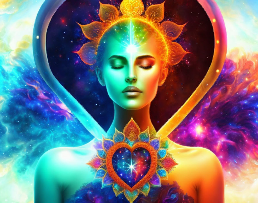 Woman in cosmic-themed artwork with heart-shaped aura