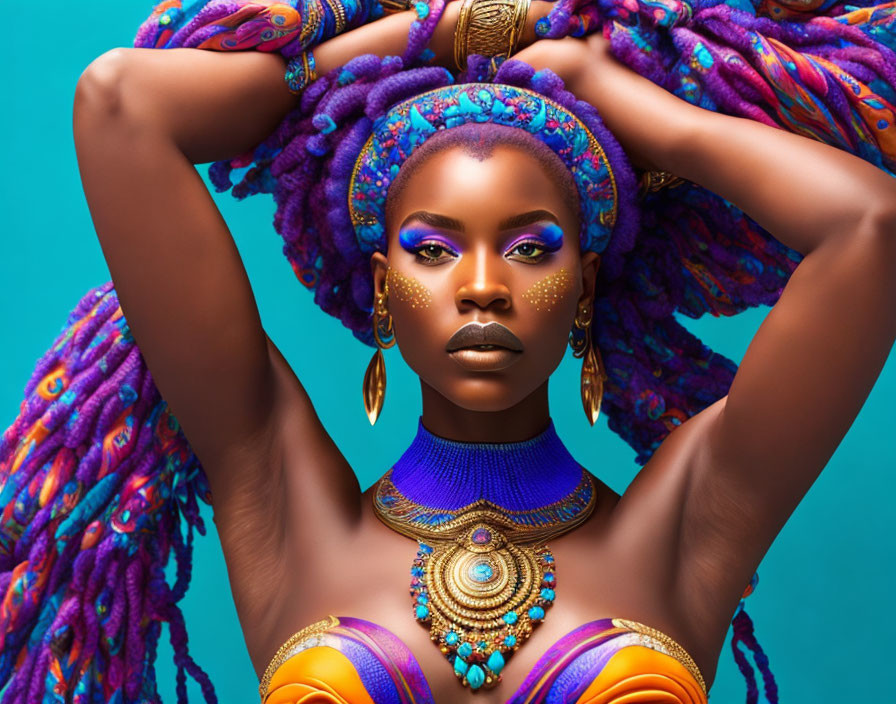 Vibrant purple braids and golden makeup on woman in bold blue and orange traditional outfit against teal