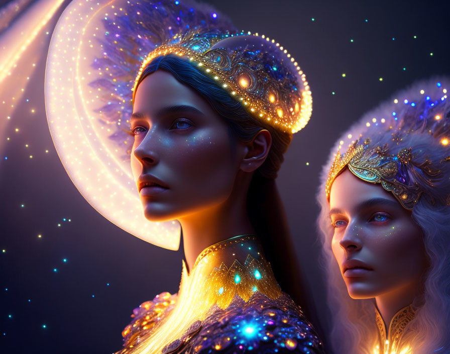 Ethereal women in glowing headdresses against starry backdrop