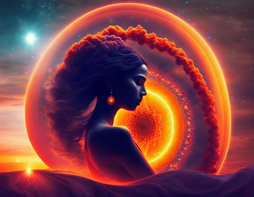 Digital artwork: Woman profile with orange halo against sunset sky and mandala