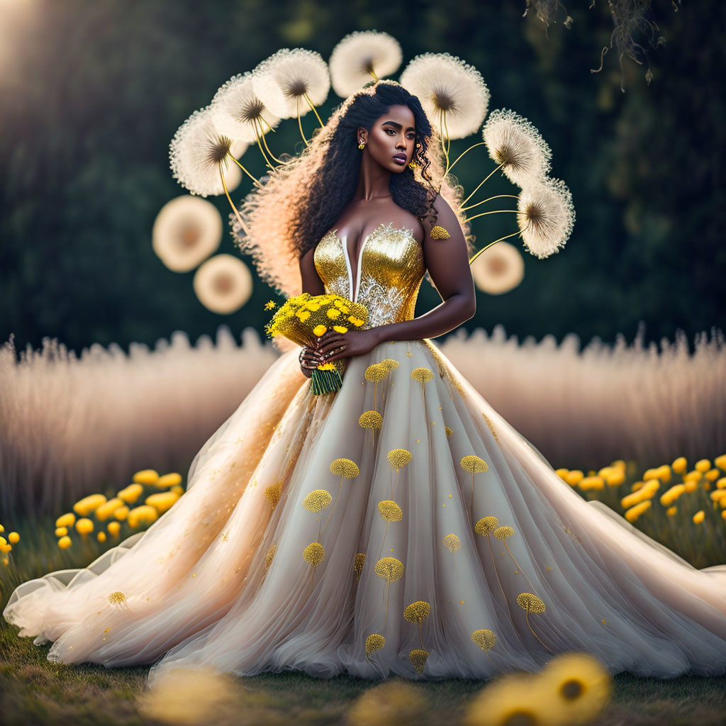 Woman in Beige Gown with Yellow Bouquet and Dandelion-like Flowers