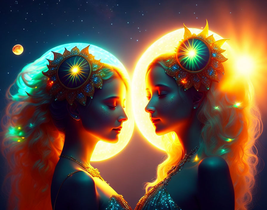 Female figures with sun and moon tiaras in cosmic setting.