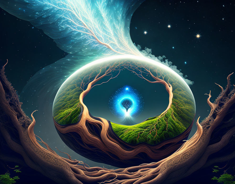 Vibrant circular surreal landscape with spinning galaxies and cosmic vortex