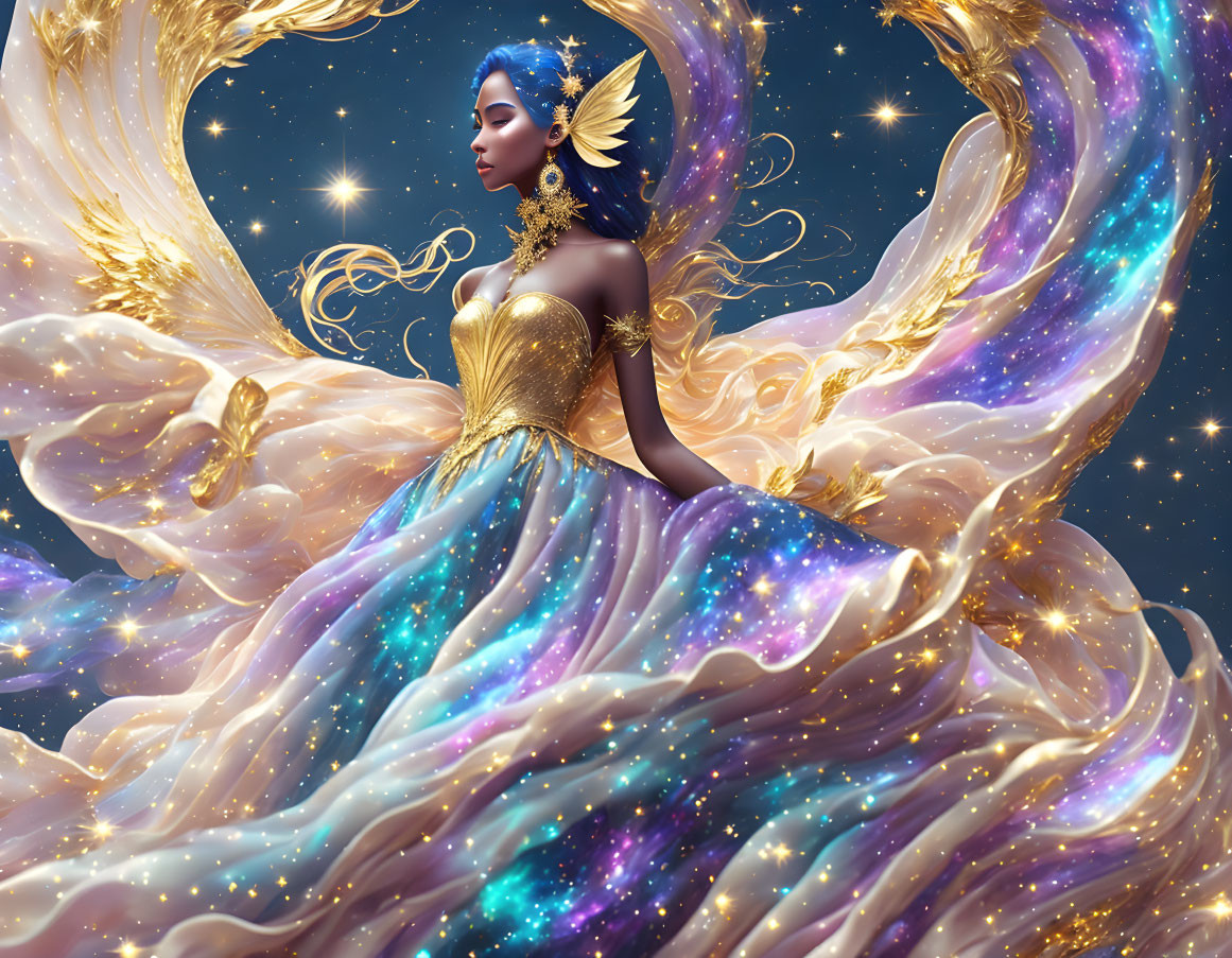 Celestial woman in flowing dress with golden accessories amidst cosmic swirls