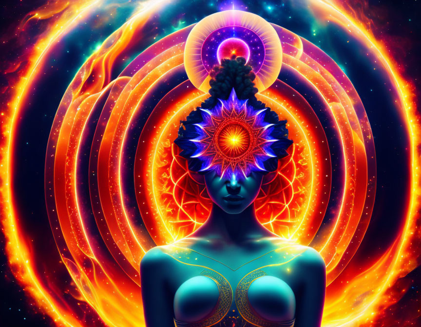 Colorful psychedelic artwork: Woman with glowing chakras in cosmic swirl.