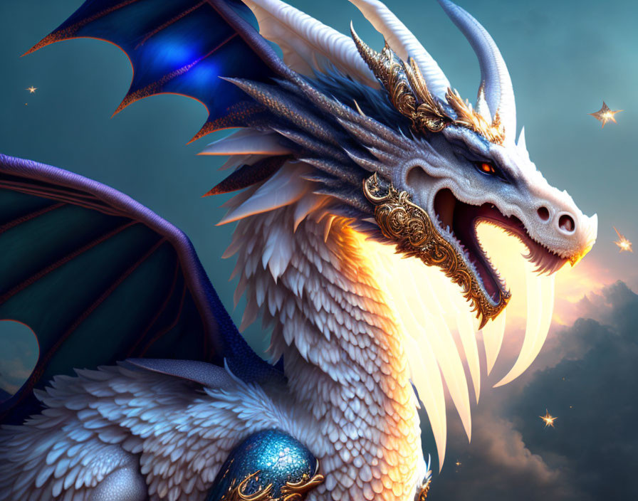 White Dragon with Golden Horns and Blue Accents in Twilight Sky