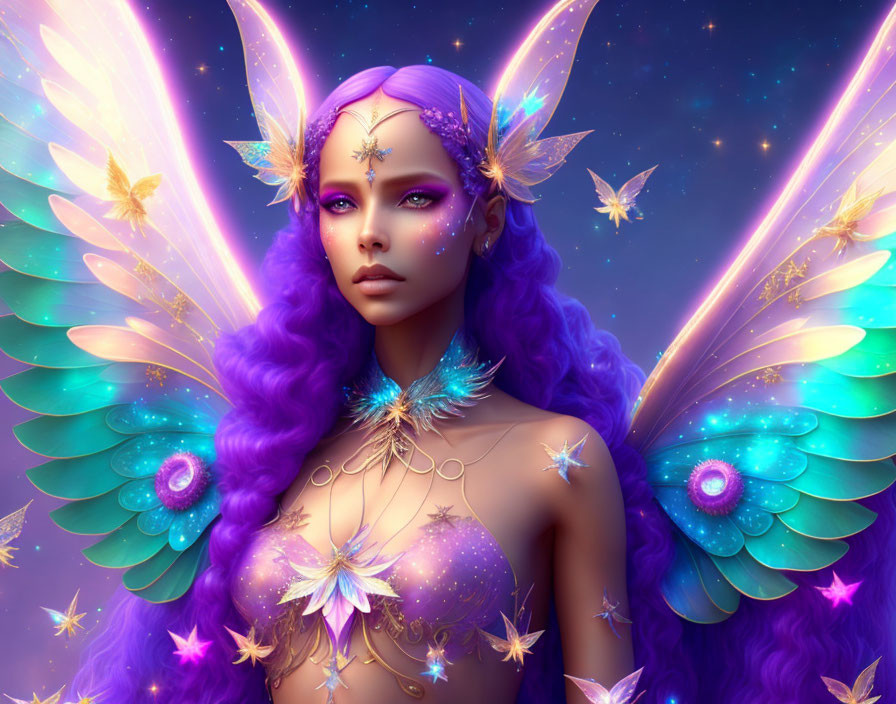 Purple-haired fairy with glowing blue wings and golden butterflies in a starry sky