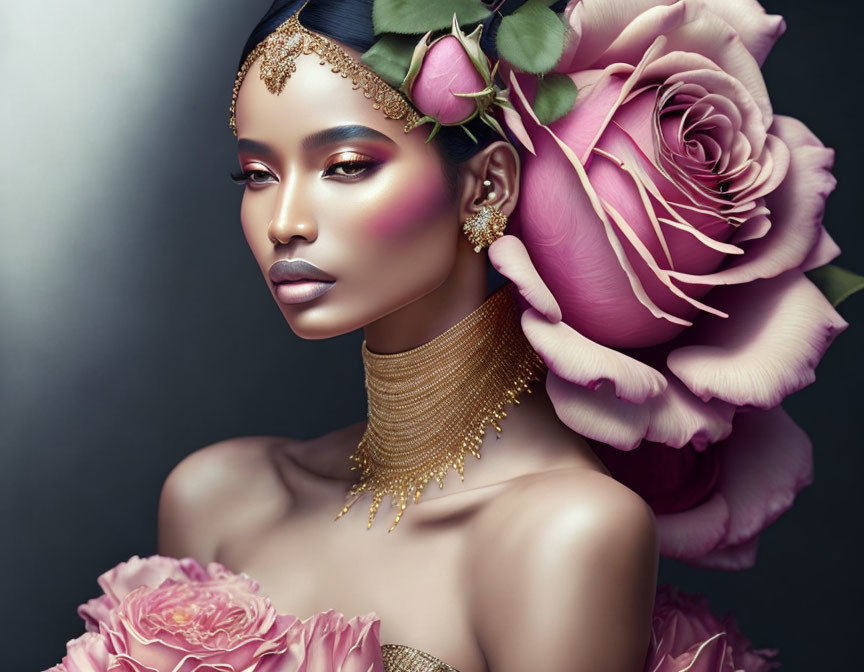 Woman with Gold Jewelry Surrounded by Pink Roses and Elegance