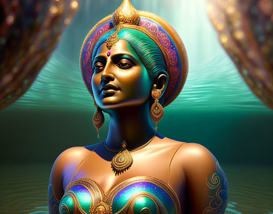 Blue-skinned figure with Indian adornments on greenish backdrop