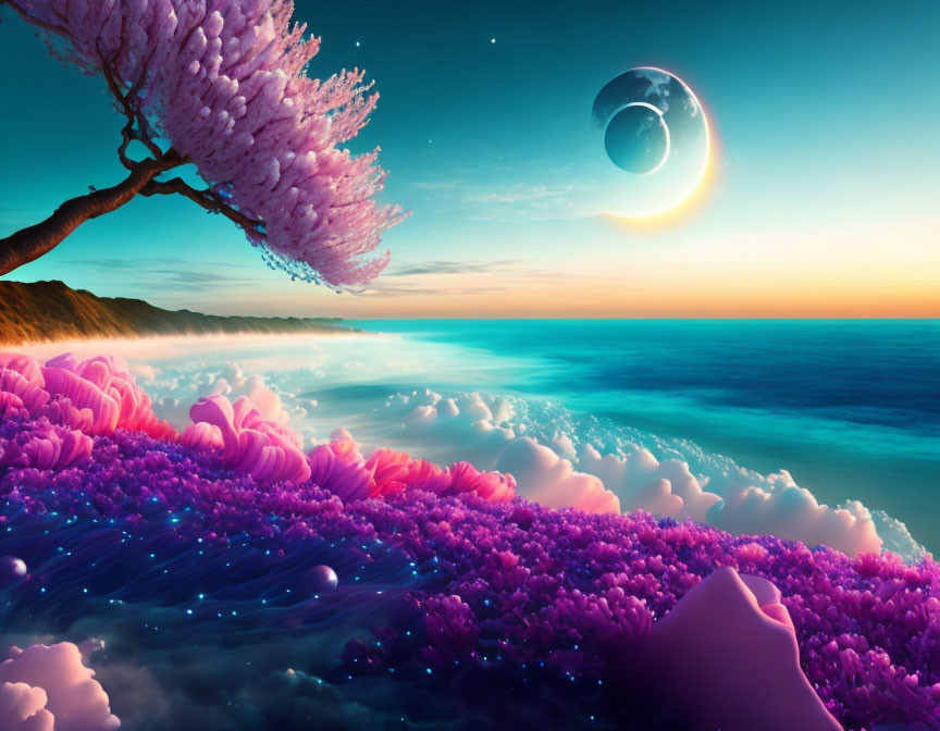 Surreal landscape with cherry blossom tree, pink flowers, ocean, and moon