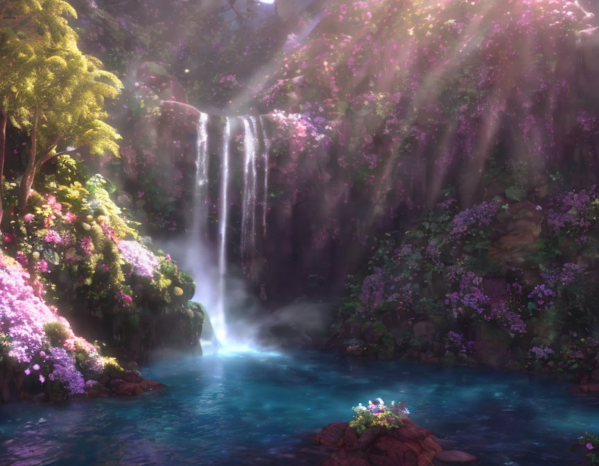 Tranquil waterfall in lush foliage with sunlight glow