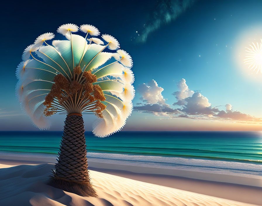 Fantastical palm tree and shooting star in surreal beach scene