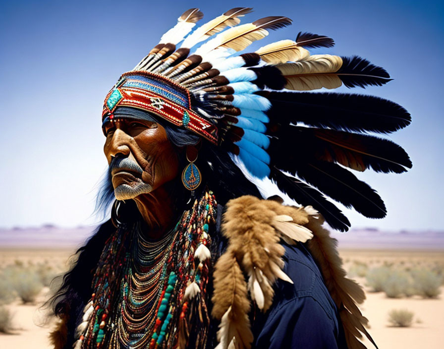 Native American person in traditional attire with feather headdress and desert background