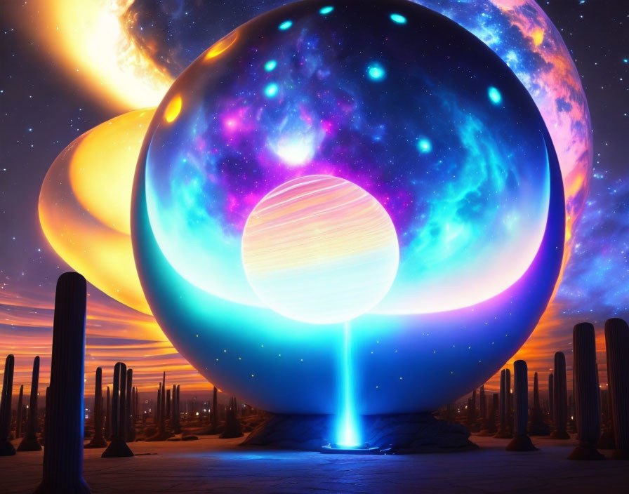 Digital artwork: Glowing cosmic sphere in desert landscape with cacti and planets.