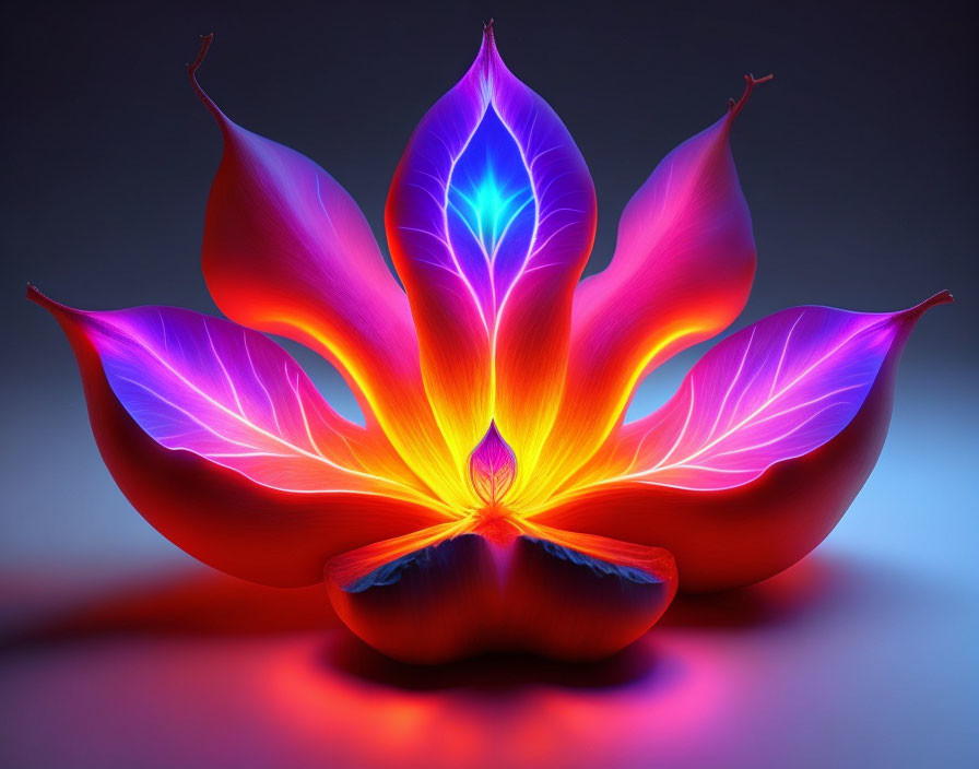 Vibrant digitally enhanced lotus flower in deep purple, blue, orange, and pink