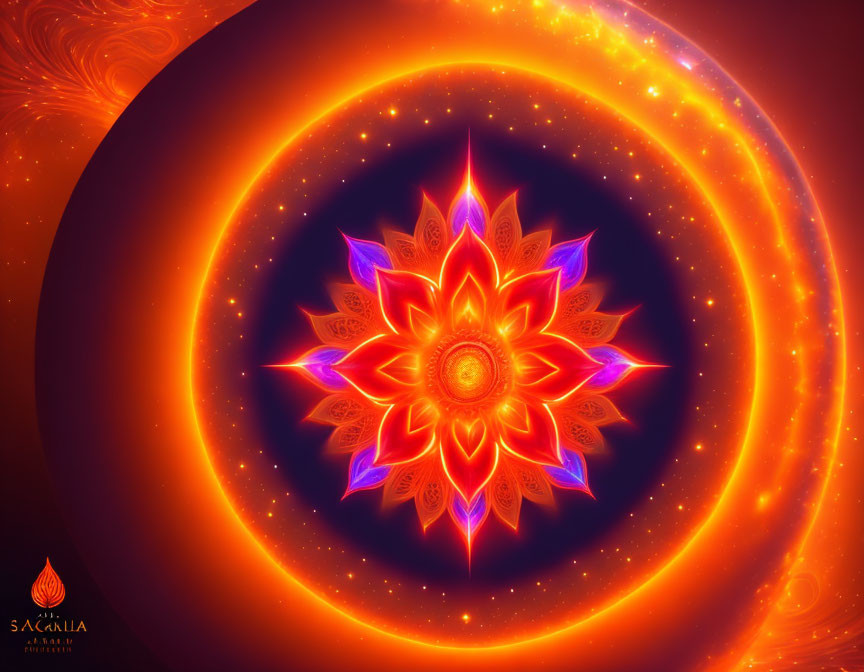 Vibrant fiery mandala digital art with intricate red, orange, and yellow patterns