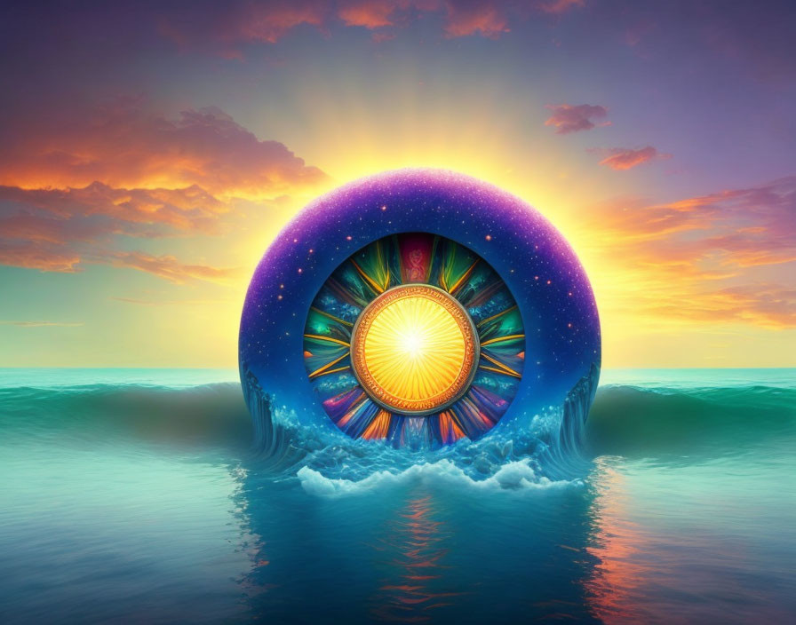 Surreal circular portal floating on ocean waves at sunset