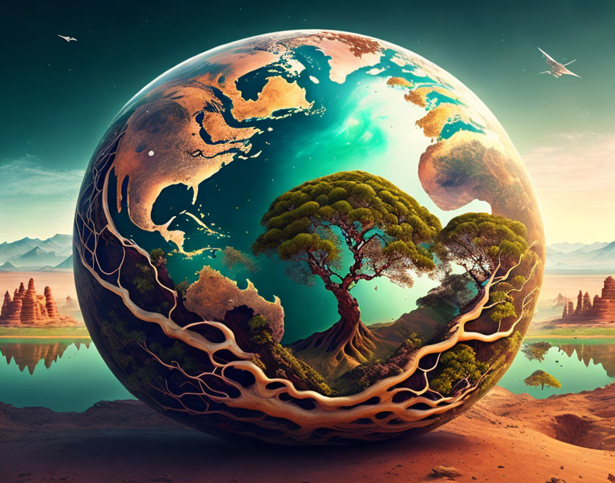 Earth-themed artwork: Tree roots merging with continents, set against mountains, lake, and clear sky