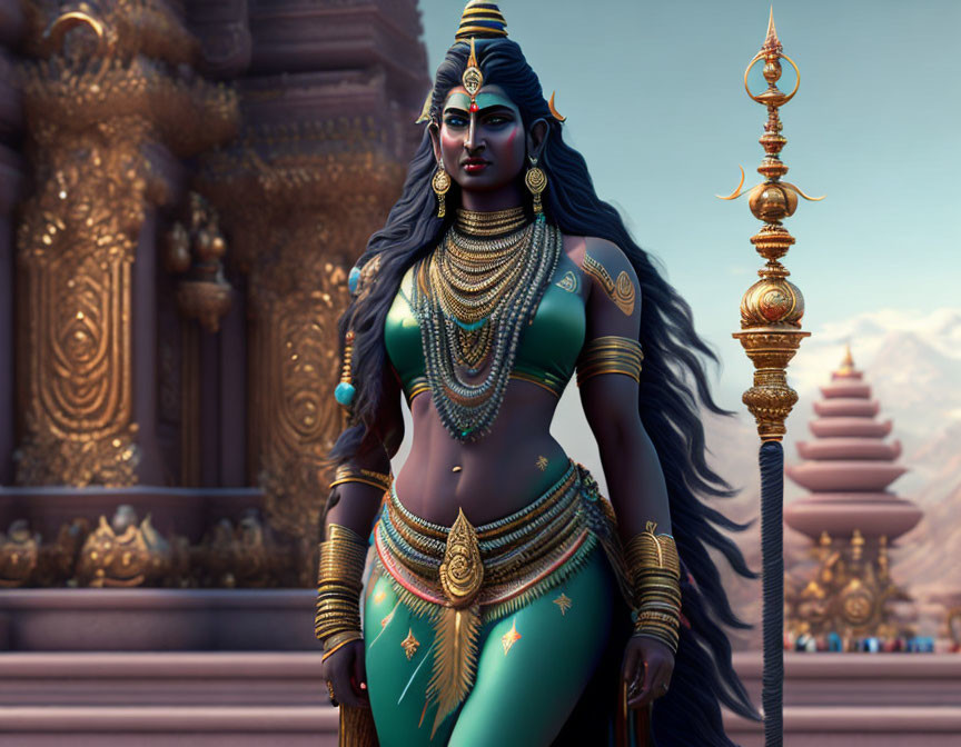 Blue-skinned regal woman in golden jewelry at ancient temple.