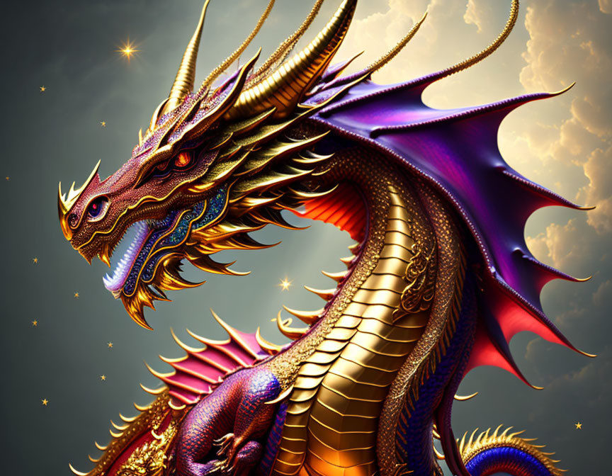 Golden-scaled dragon with purple wings in mystical sky