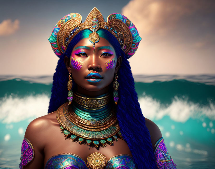 Vibrant blue-skinned woman with oceanic and regal motifs on seascape background