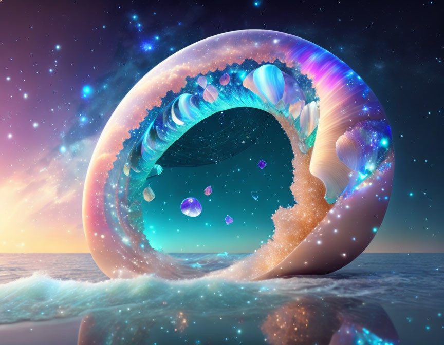 Surreal circular portal with galaxy, ocean, gems, and planets in twilight sky