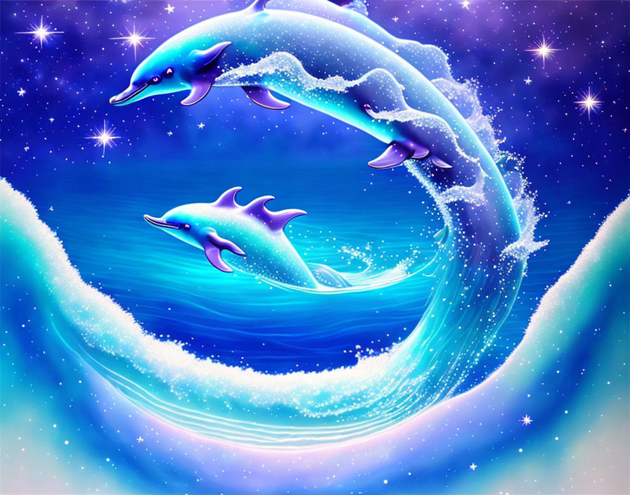 Animated dolphins leaping in stylized ocean wave under starry night sky